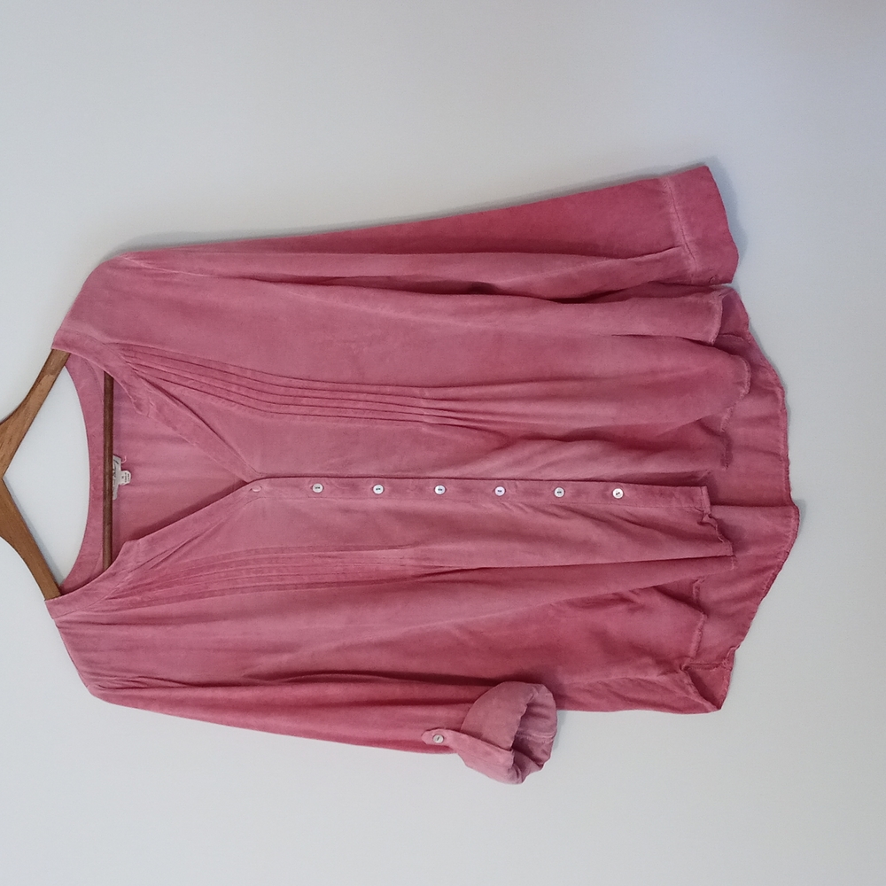 Jane and Delancey rose pink blouse, pleated details, rolltab sleeves